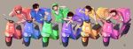  6+boys absurdres black_hair brothers cellphone delivery flying_sweatdrops headwear_removed helmet helmet_removed highres male_focus matsuno_choromatsu matsuno_ichimatsu matsuno_juushimatsu matsuno_karamatsu matsuno_osomatsu matsuno_todomatsu messy_hair moped multiple_boys musical_note osomatsu-kun osomatsu-san phone sextuplets siblings smartphone watch watch 