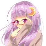  1girl alternate_costume bespectacled crescent_hair_ornament glasses hair_ornament hand_to_own_mouth long_hair long_sleeves looking_at_viewer patchouli_knowledge purple_hair red-framed_glasses solo sweater touhou upper_body violet_eyes yuimari 