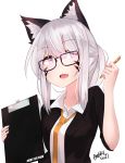  1girl angry_num animal_ears artist_name cat_ears clipboard fang feena_(angry_num) glasses highres jacket necktie open_mouth original pen sidelocks solo upper_body violet_eyes white_hair 