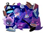  1boy book bowler_hat chin_rest cookie crossover cup disembodied_limb food fuku_45 gastly gengar gloves green_hair hat haunter jacket jojo_no_kimyou_na_bouken kira_yoshikage lamp male_focus necktie plate pokemon pokemon_(creature) pouring teacup teapot white_gloves 