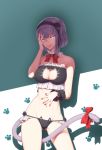  1girl :p alternate_costume ass_visible_through_thighs bangs bare_shoulders bell bell_choker black_flower black_panties black_ribbon black_rose blue_eyes bow bowtie breasts cat_cutout cat_ear_panties cat_keyhole_bra cat_lingerie cat_tail choker cleavage cleavage_cutout collarbone cowboy_shot dagashi_kashi detached_collar flower frills hair_flower hair_ornament hair_ribbon hairband hand_on_own_face harafha highres jingle_bell large_breasts looking_at_viewer nail_polish navel panties paw_print purple_hair red_bow red_bowtie red_nails ribbon ringed_eyes rose shade shadow shidare_hotaru short_hair solo stomach strapless string_panties tail tail_bow tongue tongue_out underwear underwear_only wrist_cuffs 
