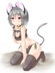  1girl absurdres animal_ears bangs bell bell_collar between_legs black_bra black_legwear black_panties bra breasts cat_cutout cat_keyhole_bra cat_lingerie cleavage cleavage_cutout collar collarbone grey_hair hand_between_legs highres jingle_bell kneeling looking_at_viewer mouse_ears mouse_tail nazrin netamaru panties red_eyes short_hair side-tie_panties simple_background solo tail thigh-highs touhou underwear white_background 