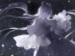  1girl alternate_costume backlighting blue_eyes blurry bow capelet closed_mouth depth_of_field dress gradient grey_hair highres long_hair long_sleeves luo_tianyi moss_(2225028) smile snowing solo spot_color vocaloid vocanese wide_sleeves 