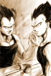  1boy artist_name bathroom blue_queen_(chana0) dated different_reflection dragon_ball dragon_ball_z dual_persona hand_on_mirror male_focus mirror monochrome muscle reflection sepia signature sink smile sweat tank_top vegeta widow&#039;s_peak 