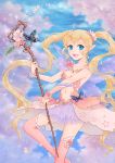  1girl absurdres blonde_hair blue_eyes boots butterfly fairy flower frilled_skirt frills hair_flower hair_ornament highres long_hair looking_at_viewer midriff navel original peiyu_zhou petals pointy_ears skirt sky smile solo staff thigh-highs thigh_boots twintails very_long_hair wings 