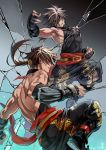  2boys brown_hair cannon_dancer crack dual_persona fingerless_gloves gloves indesign kirin_(cannon_dancer) long_hair multiple_boys muscle ponytail red_eyes strider_(video_game) 