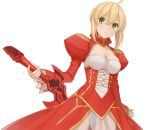  1girl aestus_estus ahoge blonde_hair breasts cleavage cowboy_shot dress epaulettes fate/extra fate_(series) green_eyes leotard looking_at_viewer nananichi red_dress saber_extra see-through solo sword weapon white_background 