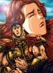  1boy 1girl armor bird closed_eyes crying flying hokuto_no_ken jewelry juza long_hair looking_away muscle norie purple_hair redhead riding short_hair shoulder_pads sunlight tears yuria_(hokuto_no_ken) 