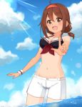  1girl :d bikini_top blue_sky brown_eyes brown_hair clouds cowboy_shot groin hairband highres index_finger_raised kantai_collection looking_at_viewer navel open_mouth outdoors outstretched_arm reina_(leinqchqn) shiratsuyu_(kantai_collection) shorts sky smile solo sunlight swimsuit wading 