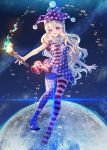  1girl american_flag_legwear american_flag_shirt blonde_hair character_name clownpiece collar fire frilled_collar frills full_body hat jester_cap long_hair looking_at_viewer miyuki_ruria moon open_mouth pantyhose polka_dot short_sleeves solo space star torch touhou violet_eyes 