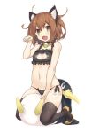  :o animal_ears bell bell_choker black_bra black_legwear black_panties bra breasts brown_eyes brown_hair cat_ears cat_lingerie choker cleavage cleavage_cutout fake_animal_ears fang goekawa hairband ikazuchi_(kantai_collection) kantai_collection navel panties paw_pose side-tie_panties simple_background small_breasts smile straddling string_panties stuffed_animal stuffed_penguin stuffed_toy thigh-highs underwear underwear_only white_background 