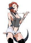  1girl au_ra breasts brown_hair cleavage dragon_girl dragon_horns dragon_tail final_fantasy final_fantasy_xiv highres horns imdsound scales short_hair shorts solo suspenders tail thigh-highs yellow_eyes 