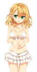  1girl bangs bikini blonde_hair blush breasts cleavage collarbone frilled_bikini frills green_eyes highres long_hair maturiuta_sorato mizuhashi_parsee open_mouth pointy_ears simple_background solo standing swimsuit touhou white_background white_bikini white_swimsuit 