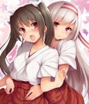  2girls :o blush bow brown_hair collarbone cowboy_shot floral_background hair_ribbon hakama_skirt head_tilt headband hug hug_from_behind japanese_clothes kantai_collection kimono long_hair looking_back miko multiple_girls open_mouth red_bow red_eyes red_skirt ribbon short_sleeves shoukaku_(kantai_collection) simple_background skirt surprised twintails very_long_hair white_background white_ribbon xayux yuri zuikaku_(kantai_collection) 