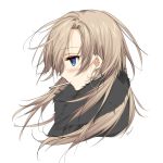  1girl artist_name black_coat blue_eyes blush brown_hair cigarette close-up earrings eyelashes face from_side fur_trim highres jewelry long_hair misteor mouth_hold original profile simple_background smoking solo white_background 
