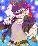  1boy beckoning belt black_hair blue_background bouquet denim flower gold_chain jacket jeans leather_jacket looking_at_viewer male_focus matsuno_karamatsu mouth_hold open_clothes open_jacket osomatsu-kun osomatsu-san pants petals rose smile solo sparkle st05254 sunglasses 