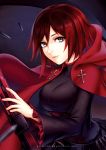  1girl artist_name bangs breasts cape cross eyebrows grey_eyes light_smile lips looking_at_viewer parted_bangs pricey redhead ruby_rose rwby scythe shell_casing short_hair solo star starry_background watermark weapon web_address 