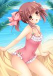  1girl brown_eyes brown_hair casual_one-piece_swimsuit idolmaster idolmaster_cinderella_girls kkurumi ogata_chieri one-piece_swimsuit open_mouth short_hair swimsuit towel twintails 