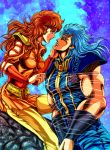  1boy 1girl armlet belt blue_background blue_hair bound couple crack hand_on_another&#039;s_face hetero hokuto_no_ken long_hair looking_at_another mamiya muscle norie orange_hair red_eyes rei_(hokuto_no_ken) rock shoulder_pads sitting tied_up violet_eyes yellow_legwear 