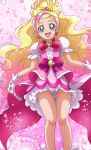  1girl :d blonde_hair bow cure_flora earrings eyebrows flower_earrings full_body gloves go!_princess_precure green_eyes hanzou haruno_haruka highres jewelry legs long_hair looking_at_viewer magical_girl multicolored_hair open_mouth petals pink_background pink_bow pink_skirt precure skirt smile solo sparkle streaked_hair thick_eyebrows two-tone_hair upskirt white_gloves 