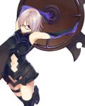 1girl armor blue_gloves breasts elbow_gloves fate/grand_order fate_(series) glasses gloves hair_over_one_eye looking_at_viewer navel purple_hair sasamori_tomoe shield shielder_(fate/grand_order) short_hair simple_background solo violet_eyes white_background 