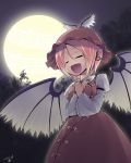  1girl :d animal_ears aozora_market bird_wings closed_eyes dress full_moon glowing hands_on_own_chest jewelry juliet_sleeves long_sleeves moon musical_note mystia_lorelei open_mouth outdoors puffy_sleeves sheet_music short_hair singing single_earring smile solo staff_(music) touhou tree winged_hat wings 
