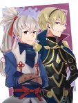  2boys armor armored_boots blonde_hair boots cape crossed_arms fire_emblem fire_emblem_if gloves grey_hair leon_(fire_emblem_if) long_hair multiple_boys ponytail red_eyes simple_background takumi_(fire_emblem_if) white_background 
