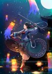  1girl architecture black_hair east_asian_architecture hanbok highres korean_clothes lantern michael.r moon night profile sky star_(sky) starry_sky water weapon 