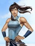  1girl avatar:_the_last_airbender blue_eyes blue_sky brown_hair clouds hair_tubes hands_on_hips high_ponytail mistermagnolia sky smile solo sweat the_legend_of_korra toned twintails upper_body wristband 