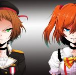  2girls blue_eyes bokura_wa_ima_no_naka_de brown_hair choker evil_grin evil_smile gradient gradient_background green_eyes grin hat highres kakutasu kira_tsubasa kousaka_honoka love_live!_school_idol_project multiple_girls orange_hair shocking_party short_hair side_ponytail smile 