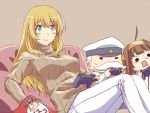  1boy 2girls admiral_(kantai_collection) ahoge alternate_costume atago_(kantai_collection) bismarck_(kantai_collection) blonde_hair blue_eyes blush_stickers c: cameo casual commentary_request controller cushion eating game_controller hairband hat holding ishii_hisao kantai_collection kongou_(kantai_collection) long_hair military military_uniform multiple_girls naval_uniform peaked_cap sitting sweat sweater uniform white_hair 