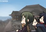  3girls :3 alternate_costume blush coat commentary dated hamu_koutarou jintsuu_(kantai_collection) kako_(kantai_collection) kantai_collection kiyomizu-dera multiple_girls overcoat piggyback scarf sleeping sweat takanami_(kantai_collection) teruyof 