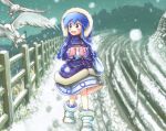  1girl anklet bag bird blue_eyes blue_hair blush_stickers boots bracelet coat dress fence fur_trim gloves holding_food ikamusume jewelry long_hair parka pink_gloves prehensile_hair seagull shinryaku!_ikamusume shiru_boo_ookami shopping_bag snow snow_boots snowing solo tentacle_hair tentacles walking white_boots winter winter_clothes winter_coat 