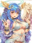  1girl angel_wings blue_hair blush breasts character_request cleavage double_v feathered_wings fullbokko_heroes hair_ornament halo large_breasts long_hair navel o-ring open_mouth red_eyes shigatake simple_background smile solo v water white_wings wings 