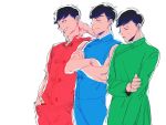  3boys black_hair brothers chinese_clothes closed_eyes crossed_arms denzou_(50021106) hand_behind_head hand_in_pants male_focus matsuno_choromatsu matsuno_karamatsu matsuno_osomatsu multiple_boys osomatsu-kun osomatsu-san siblings simple_background sleeveless smile sweatdrop white_background 