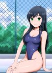  1girl black_hair chain-link_fence competition_school_swimsuit danis_ariandi fence green_eyes highleg highleg_swimsuit highres long_hair original school_swimsuit sitting swimsuit 