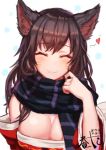  1girl ahri animal_ears blush breasts brown_hair cleavage closed_eyes detached_sleeves fox_ears haru_ato heart large_breasts league_of_legends long_hair scarf smile solo upper_body whisker_markings 