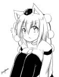  1girl :t animal_ears black_legwear blush breast_press breasts hat inubashiri_momiji large_breasts looking_at_viewer monochrome pom_pom_(clothes) short_hair signature simple_background solo taurine_8000mg thigh-highs tokin_hat touhou translation_request white_background wolf_ears 