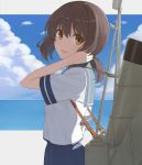 1girl brown_eyes brown_hair clouds from_side fubuki_(kantai_collection) kantai_collection looking_at_viewer low_ponytail machinery nananichi open_mouth pleated_skirt school_uniform serafuku short_ponytail skirt sky smile solo 