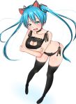 1girl animal_ears aqua_eyes aqua_hair baretto_(karasi07) bell bell_collar black_legwear blush cat_ears cat_keyhole_bra cat_lingerie collar crossed_arms full_body hatsune_miku highres jingle_bell long_hair looking_at_viewer open_mouth panties side-tie_panties simple_background solo sweat thigh-highs twintails underwear vocaloid white_background 
