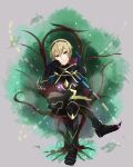  1boy armor armored_boots blonde_hair boots cape fire_emblem fire_emblem_if gloves grey_background leaf leon_(fire_emblem_if) red_eyes simple_background sitting solo tree 