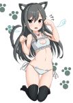  1girl ame-rain animal_ears asashio_(kantai_collection) bell bell_choker black_hair black_legwear blue_eyes cat_band_legwear cat_cutout cat_ear_panties cat_ears cat_keyhole_bra cat_lingerie cat_tail choker cleavage_cutout flat_chest flying_sweatdrops highres kantai_collection long_hair looking_at_viewer navel panties paw_pose paw_print side-tie_panties tail thigh-highs underwear 