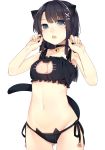  1girl :o alternate_costume animal_ears ao_no_neko ass_visible_through_thighs bangs bell bell_choker black_hair blue_eyes cat_cutout cat_ear_panties cat_ears cat_keyhole_bra cat_lingerie choker cleavage_cutout frills groin hair_ornament hairclip jingle_bell long_hair looking_at_viewer navel original panties paw_pose paw_print side-tie_panties simple_background solo stomach underwear underwear_only white_background x_hair_ornament 