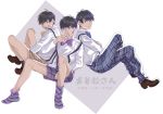  3boys alternate_costume black_hair bow bowtie brothers character_name copyright_name crossed_arms crossed_legs fork indian_style matsuno_ichimatsu matsuno_juushimatsu matsuno_karamatsu multiple_boys open_mouth osomatsu-kun osomatsu-san pants plaid plaid_pants plaid_shorts rectangle shoes_removed siblings sitting smile striped striped_legwear suspenders 