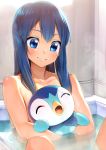  1girl ^_^ animal animal_hug bath bathing bathtub bird blue_eyes blue_hair blush closed_eyes collarbone female highres hikari_(pokemon) hug indoors long_hair nude open_mouth partially_submerged piplup pokemon pokemon_(creature) sitting smile solo ts422 water wet 