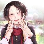  1boy 1girl 2016 anniversary blush brown_hair closed_eyes dated earrings english female_saniwa_(touken_ranbu) hands_on_another&#039;s_face izumi_kikaku jewelry kashuu_kiyomitsu mole mole_under_mouth nail_polish open_mouth ring saniwa_(touken_ranbu) scarf smile solo_focus tears touken_ranbu 