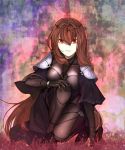  1girl armor bodysuit breasts brown_hair circlet fate/grand_order fate_(series) highres kneeling long_hair looking_at_viewer medea@nae red_eyes scathach_(fate/grand_order) shoulder_armor solo 