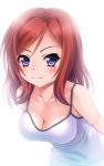  1girl bangs blush breasts camisole cleavage closed_mouth collarbone leaning_forward looking_at_viewer love_live!_school_idol_project nishikino_maki noshimasa redhead simple_background smile solo swept_bangs upper_body violet_eyes white_background 