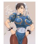  1girl breasts brown_hair chinese_clothes chun-li earrings hands_on_hips highres huge_breasts jewelry pantyhose parted_lips puffy_sleeves sena_zombienu smile solo street_fighter yellow_eyes 