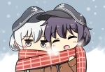  2girls akatsuki_(kantai_collection) bell_(oppore_coppore) black_hair closed_eyes commentary_request grey_eyes hat hibiki_(kantai_collection) kantai_collection multiple_girls open_mouth scarf shared_scarf silver_hair smile snowing 